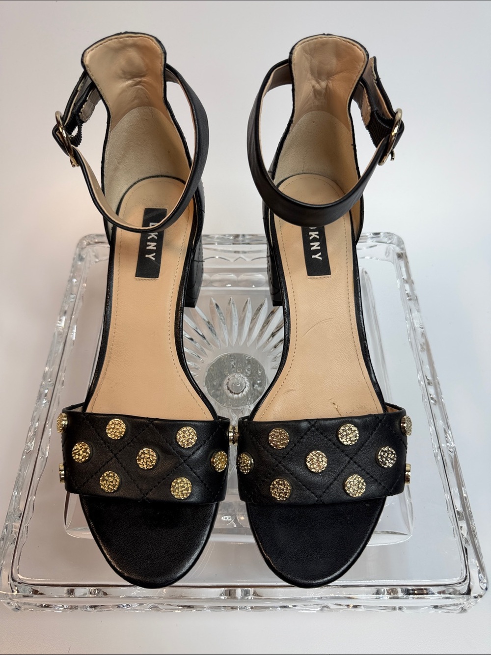 DKNY Black Ankle-Strap Heels with Gold Studs